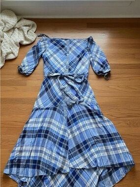 Ralph Lauren Blue Plaid Cotton off shoulder Maxi  Dress with Tie Waist.